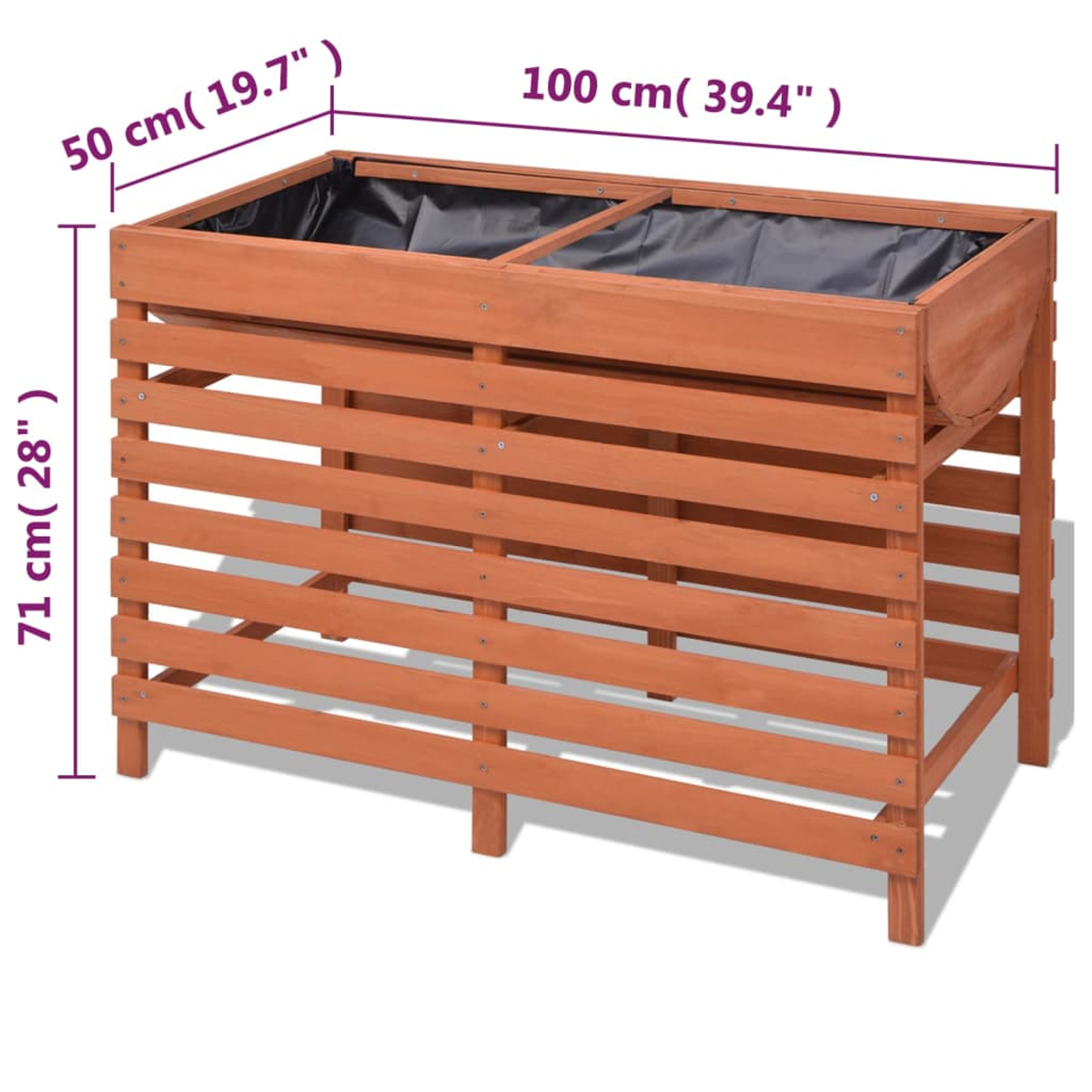 Ein erhöhter Gartenbeet aus Holz mit zwei Fächern. Es ist braun, mit Abmessungen in cm und Zoll.