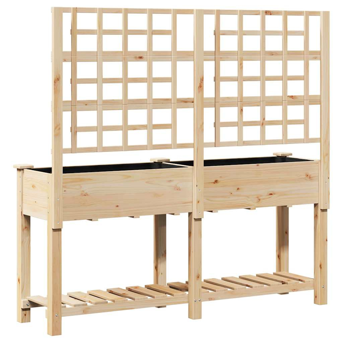 Una fioriera in legno con due contenitori, ciascuno con uno sfondo a traliccio. La struttura ha un ripiano in basso, tutto in legno chiaro.