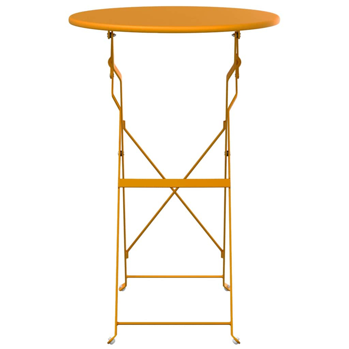 Ein orangefarbener Bistrotisch mit runder Platte und einem zusammenklappbaren Metallrahmen. Der Tisch ist isoliert.