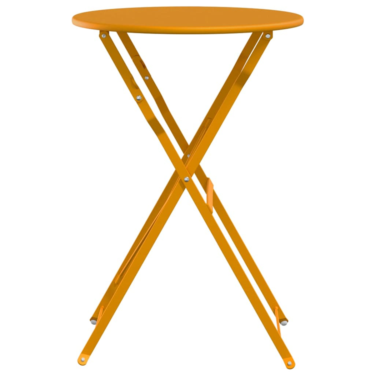 Ein orangefarbener, runder Bistrotisch mit X-förmigem Klappfuß steht vor weißem Hintergrund. Der Tisch ist leer.