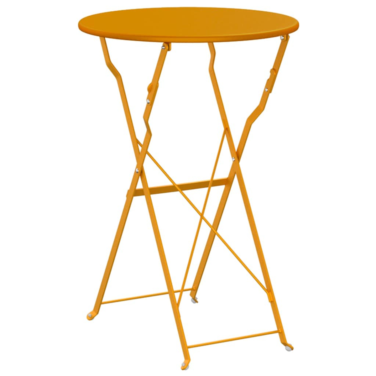 Ein orangefarbener, runder Bistrotisch. Er hat ein zusammenklappbares Metallgestell mit einer passenden orangefarbenen Tischplatte. Weißer Hintergrund.