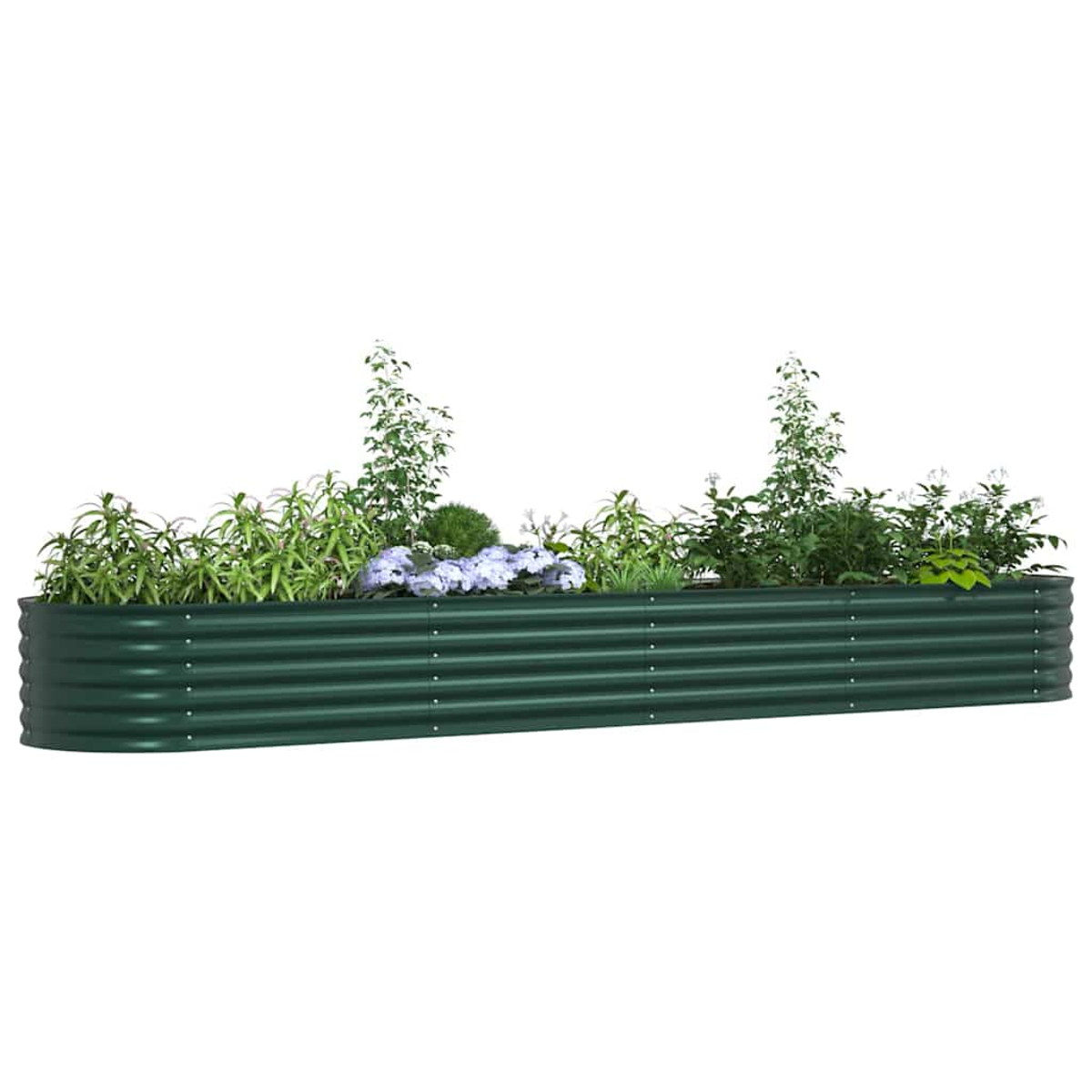 Una fioriera in metallo ondulato verde riempita con varie piante verdi e alcuni fiori viola su sfondo bianco.