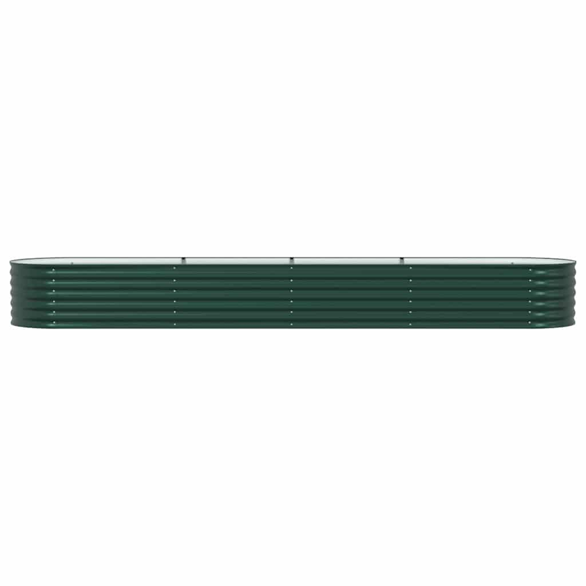 Un'aiuola rialzata rettangolare lunga in metallo verde scuro, su sfondo bianco. Il letto ha angoli arrotondati.