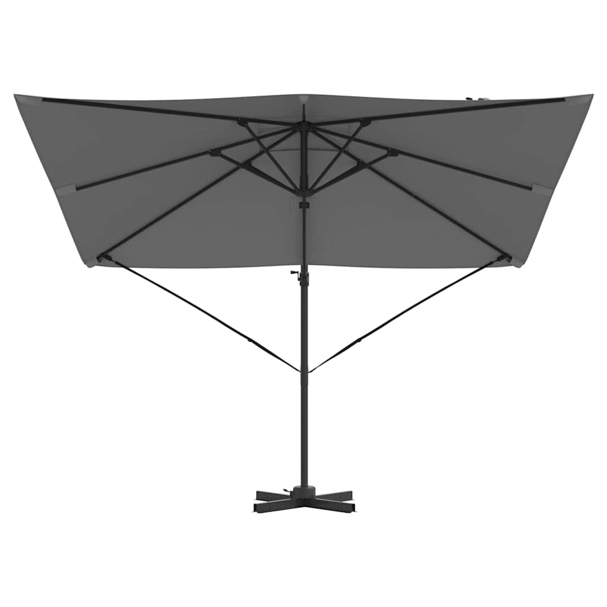 Un ombrellone da patio grigio rettangolare con palo e base neri. L'ombrellone è aperto, con la struttura visibile.
