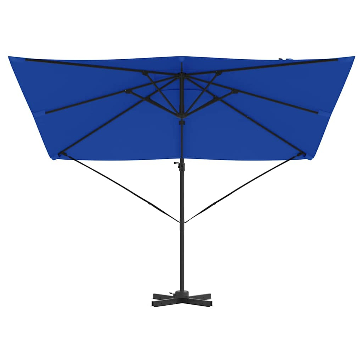 Un ombrellone da patio blu rettangolare è aperto su sfondo bianco. Ha un palo e una struttura di supporto neri e una base nera.