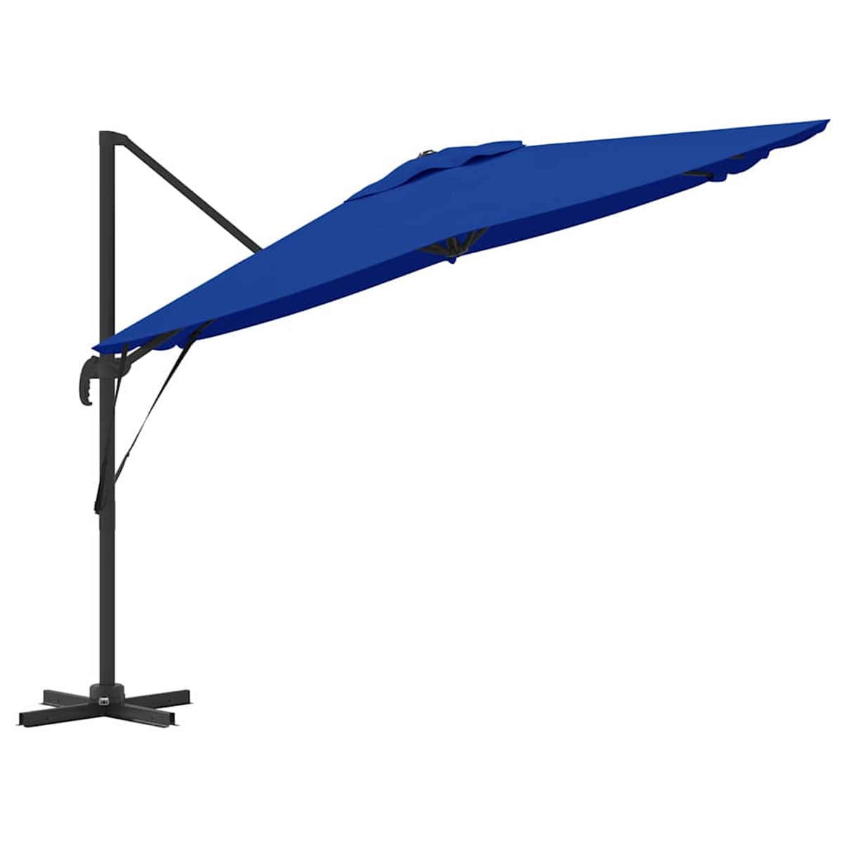 Un ombrellone blu a sbalzo è aperto. Ha un palo e una base neri e la capote è di un vibrante colore blu, su sfondo bianco.