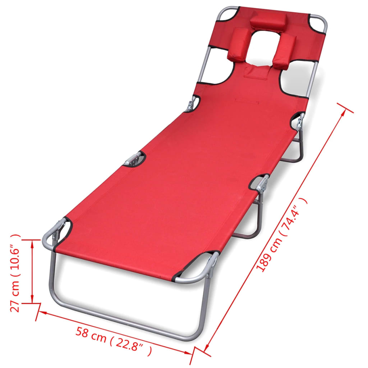 Eine rote, zusammenklappbare Liege mit silbernem Rahmen. Abmessungen: 189 cm (74,4"), 58 cm (22,8"), und 27 cm (10,6").