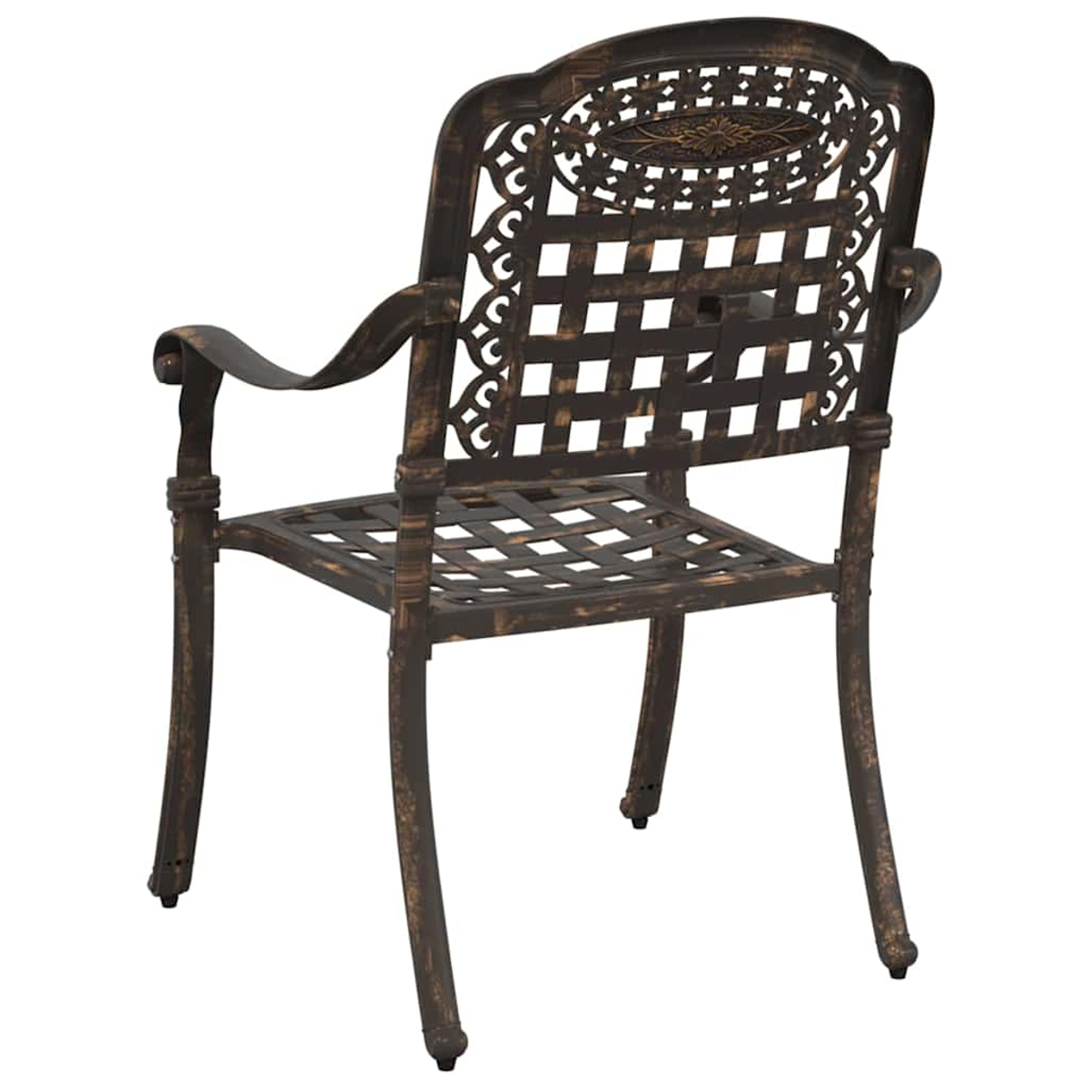 Bronzefarbener Metallstuhl mit Gitterrücken und -sitz, aufwendiges Design. Gebogene Arme und Beine. Weißer Hintergrund.