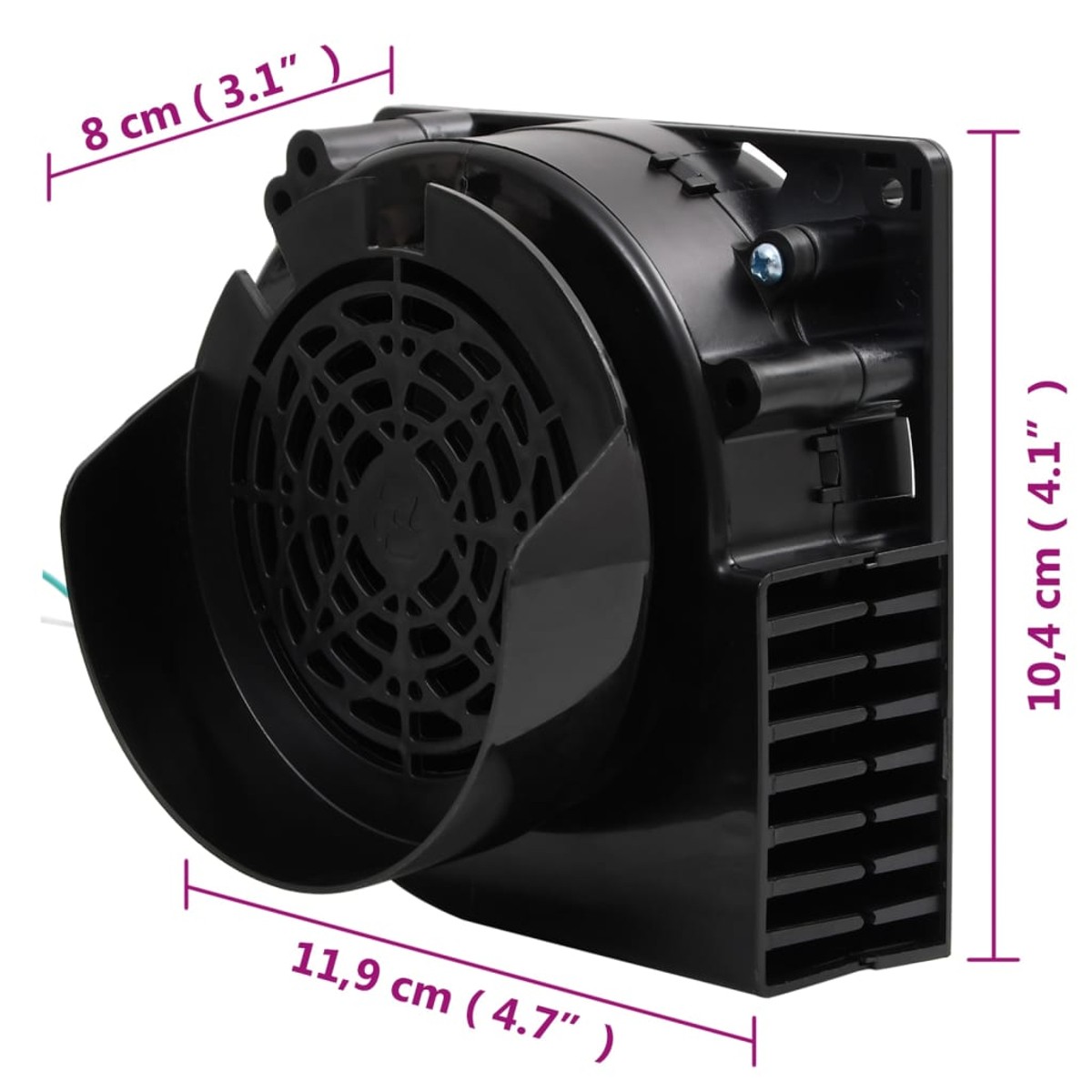 Ein schwarzer Ventilator mit Maßangaben. Der Ventilator hat ein rundes Gitter und ein rechteckiges Gehäuse mit Lüftungsschlitzen.