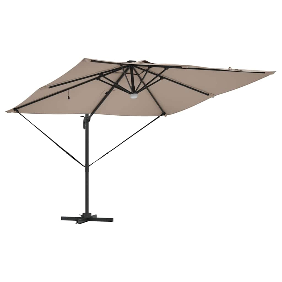 Un ombrellone a sbalzo quadrato beige con telaio e base neri, su sfondo bianco. L'ombrellone è aperto.
