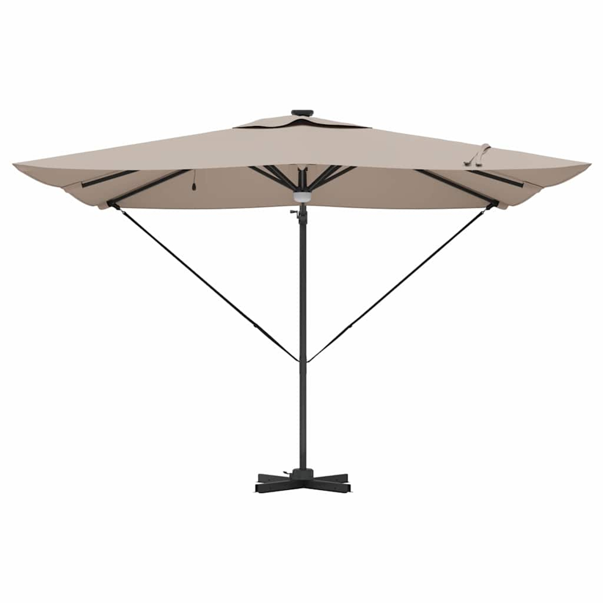 Un ombrellone quadrato beige è aperto. Ha un palo nero e travi di supporto. La base è nera e a forma di stella.