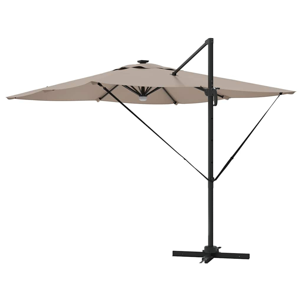 Ombrellone da patio beige con struttura nera. È un ombrellone a sbalzo, con un'ampia capottina e una base robusta su sfondo bianco.