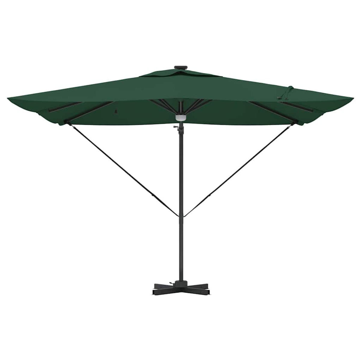 Un ombrellone da giardino verde scuro è aperto. Si erge su una base nera con un palo nero e bracci di supporto, su sfondo bianco.