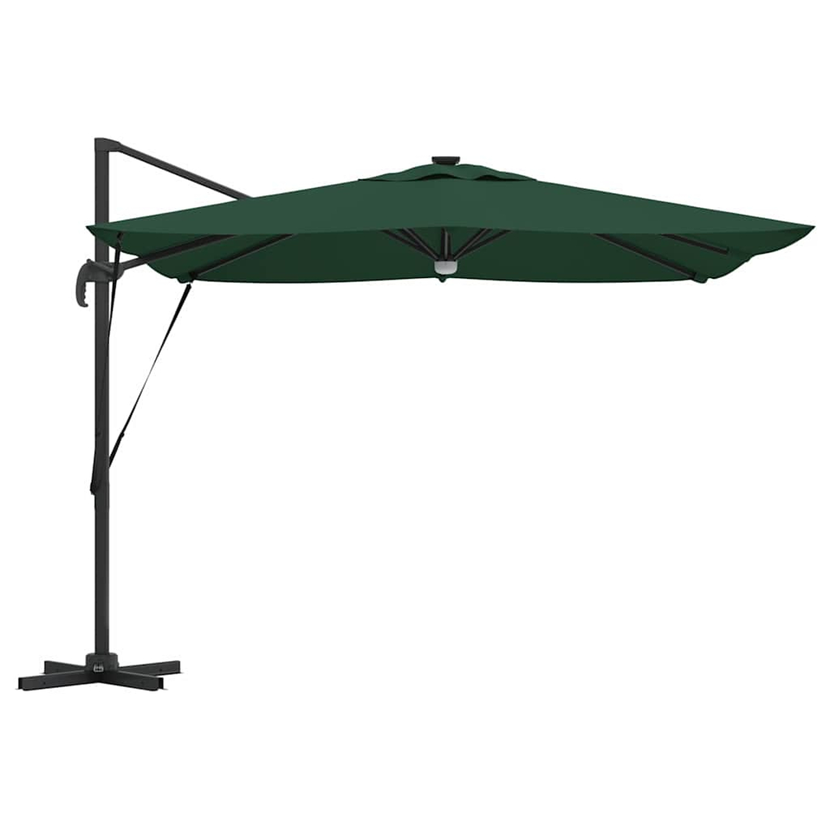 Un ombrellone verde a sbalzo con telaio nero su sfondo bianco. L'ombrellone è aperto.