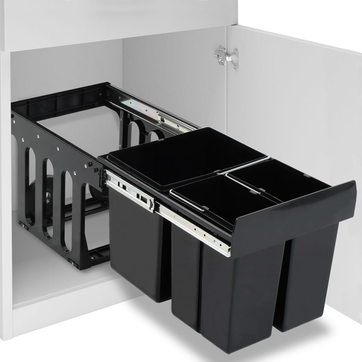Schwarze Ausziehtonnen in einem weißen Schrank. Die Tonnen sind in Fächer unterteilt. Metallschienen führen den Ausziehmechanismus.