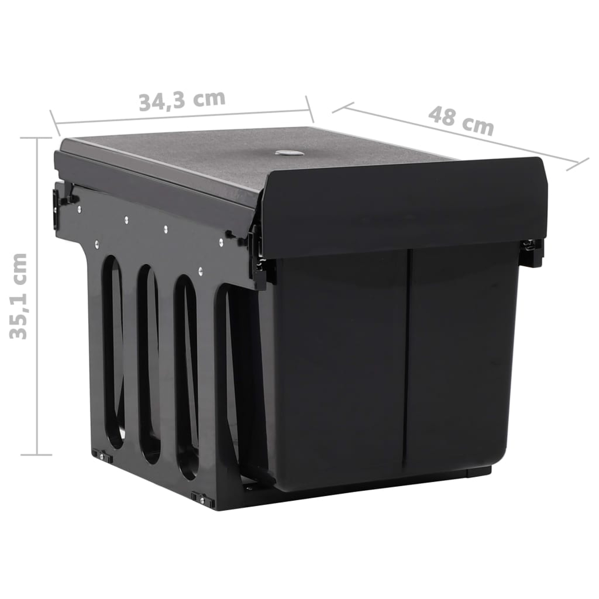 Eine schwarze Aufbewahrungsbox mit Maßangaben. Die Box hat einen Deckel und offene Seiten mit Maßen von 34,3 cm, 48 cm und 35,1 cm.