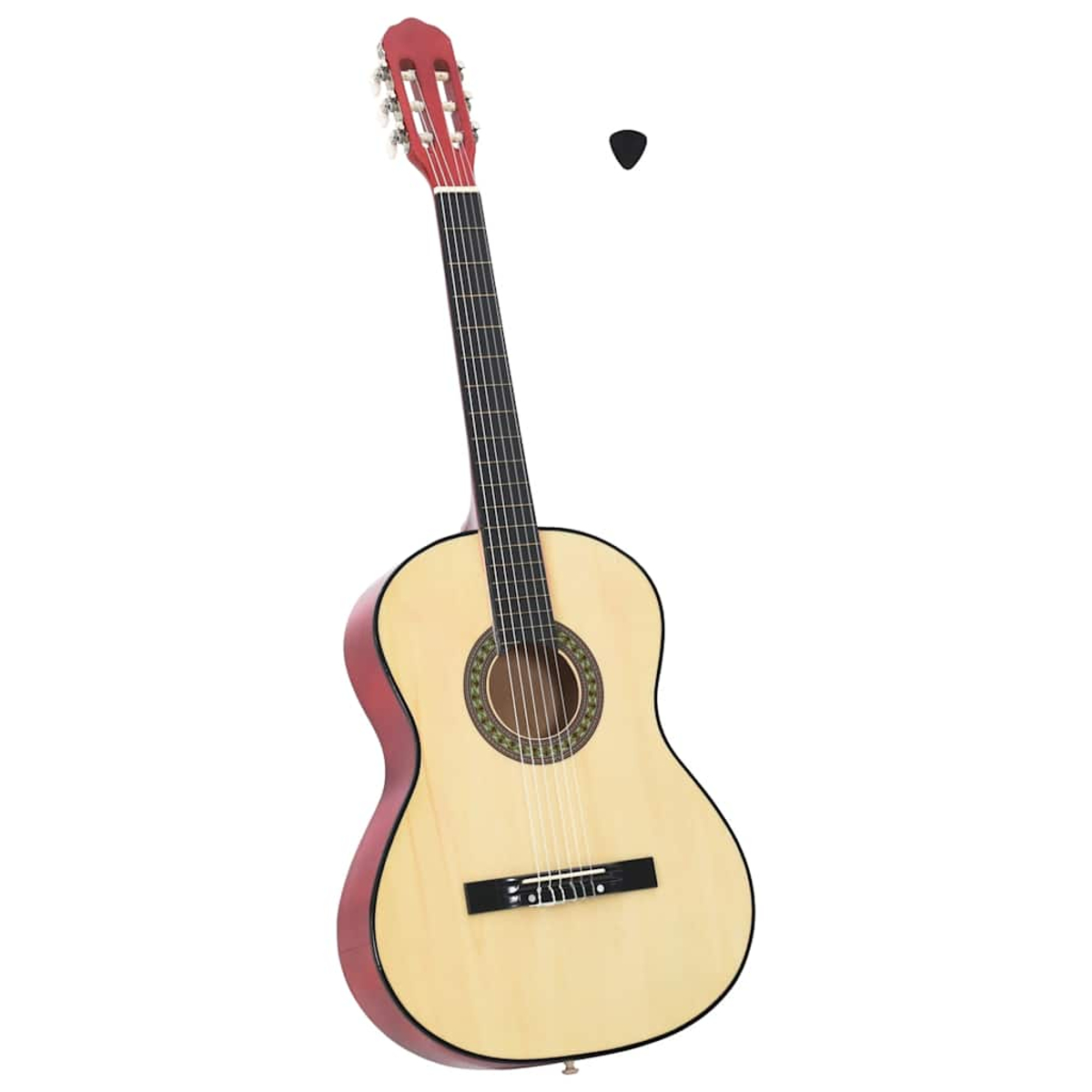 Akustikgitarre mit roter Kopfplatte und Zierleiste, schwarzem Schlagbrett und einem schwarzen Plektrum.