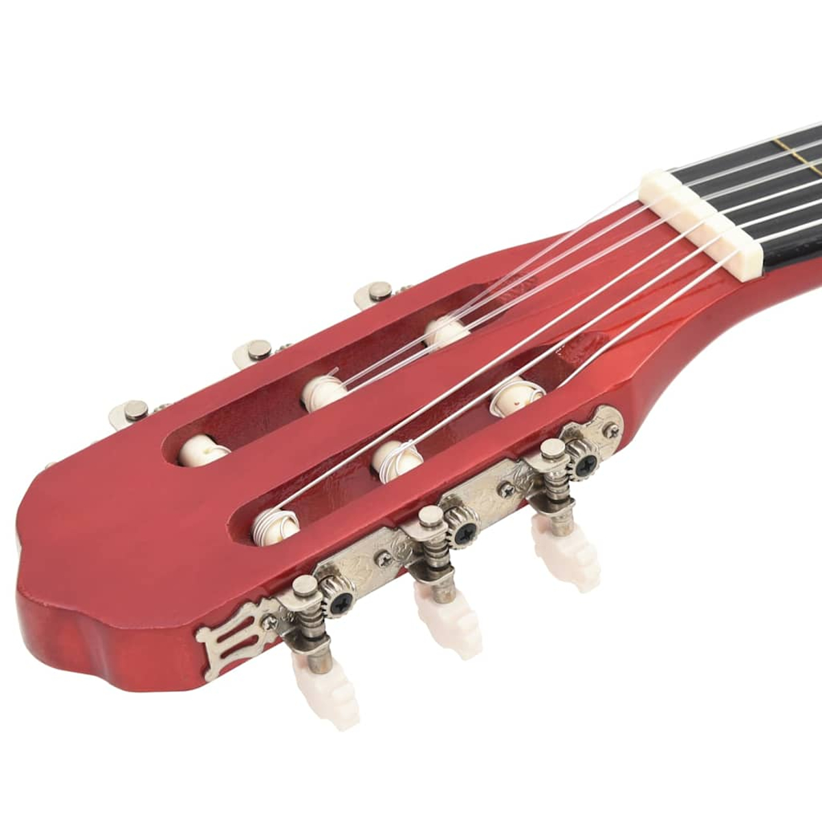 Nahaufnahme einer roten Gitarrenkopfplatte mit weißen Stimmwirbeln und Saiten. Schwarze Bünde sind auf dem Hals sichtbar.