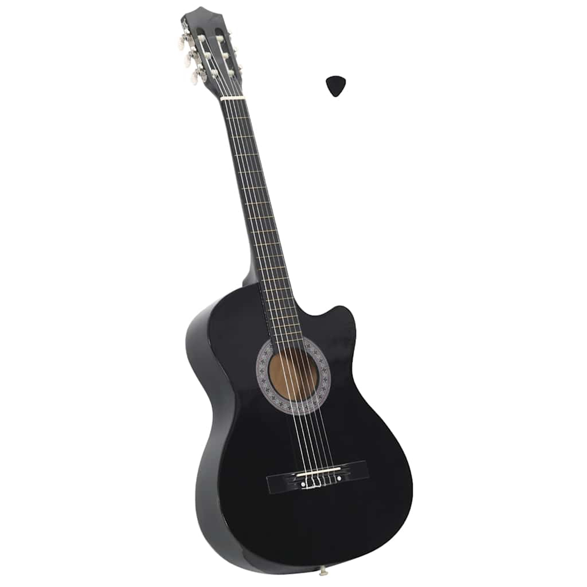 Eine schwarze Akustikgitarre mit einem darüber schwebenden Plektrum. Die Gitarre hat ein rundes Schallloch und ein Cutaway-Design.