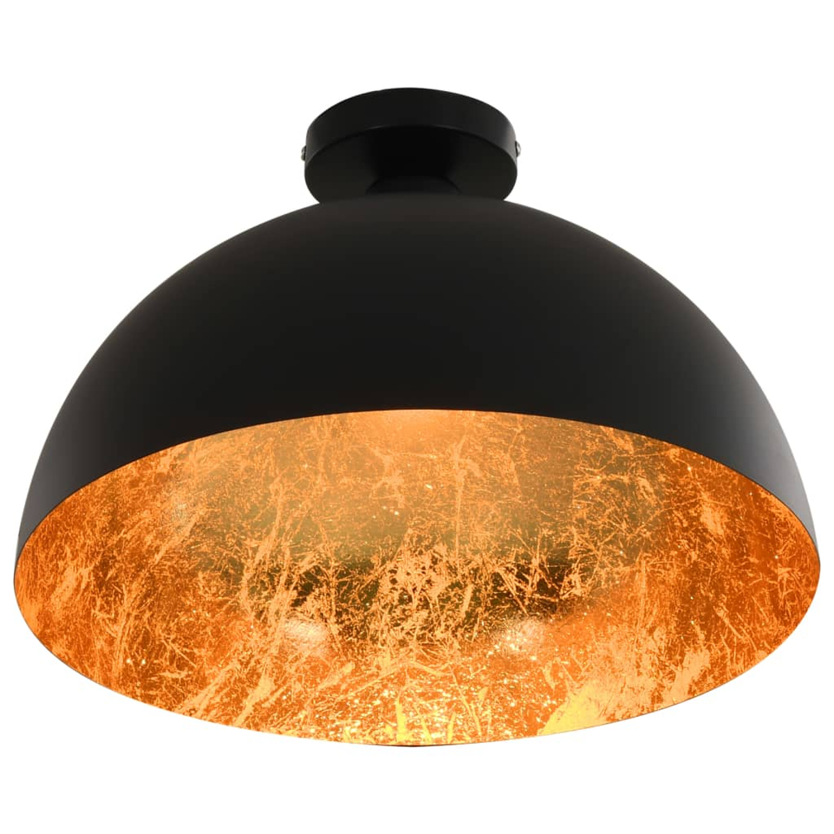 Eine schwarze, kuppelförmige Deckenlampe mit goldfarbenem Innenraum. Die Lampe befindet sich vor einem weißen Hintergrund und scheint neu zu sein.