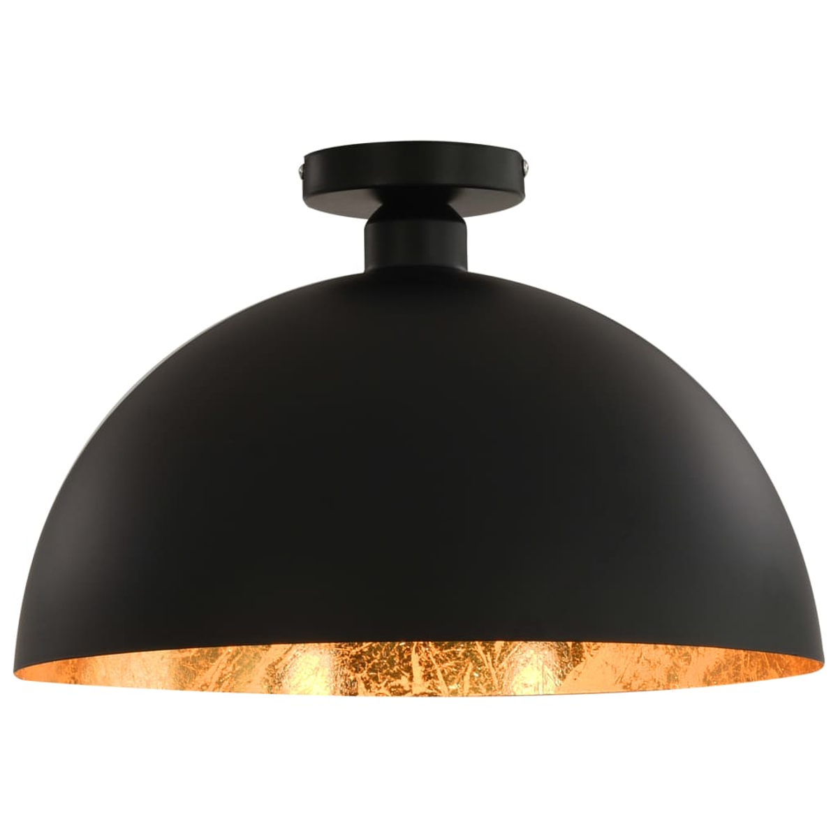 Eine schwarze, kuppelförmige Deckenleuchte mit goldener Innenseite. Sie ist auf weißem Hintergrund montiert.