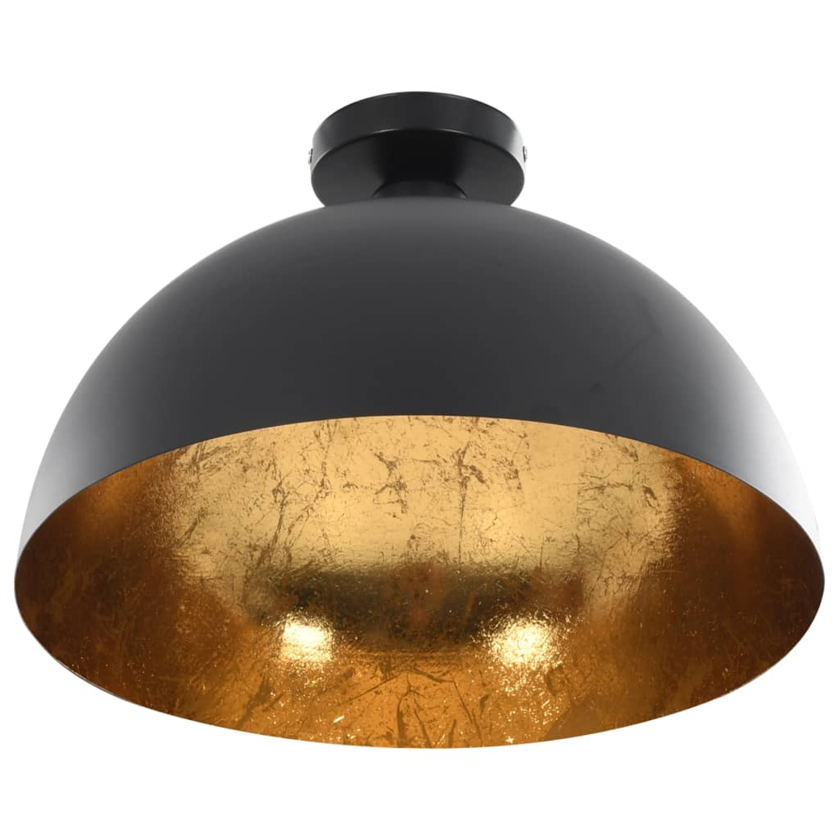 Eine schwarz-goldene Deckenlampe. Die Oberseite ist schwarz und die Innenseite ist goldfarben. Zwei Lichter sind sichtbar.