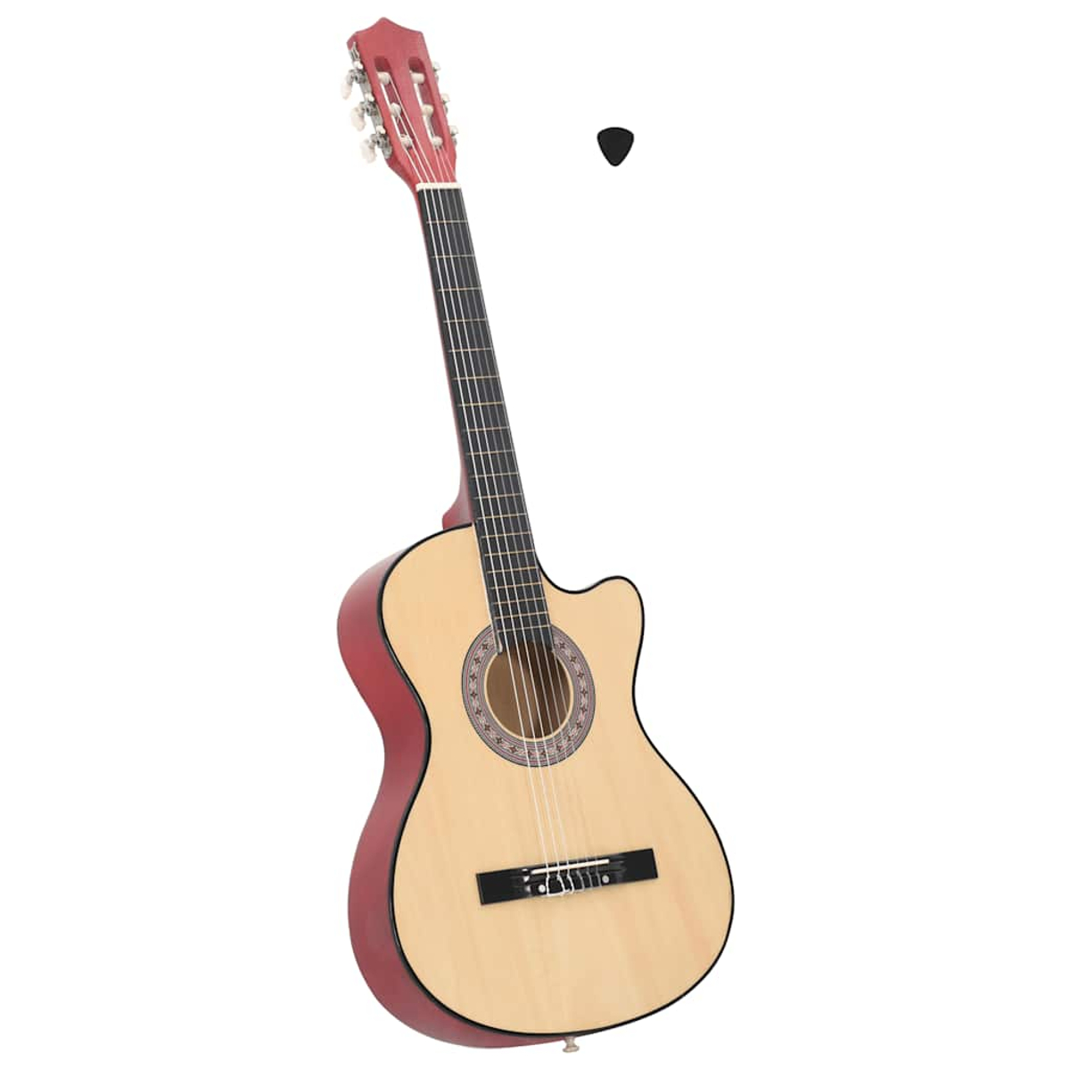 Eine Akustikgitarre mit rotem Korpus und Kopfplatte, hölzernem Schallloch, schwarzen Saiten und einem schwarzen Plektrum, alles auf weißem Hintergrund.