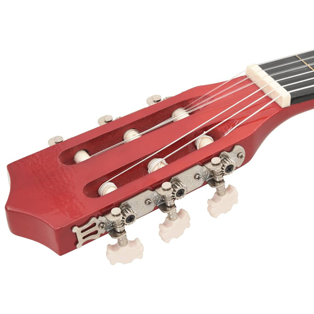 Nahaufnahme einer roten Gitarrenkopfplatte mit Saiten und Stimmwirbeln. Weiße Stimmwirbel heben sich vom roten Holz ab.