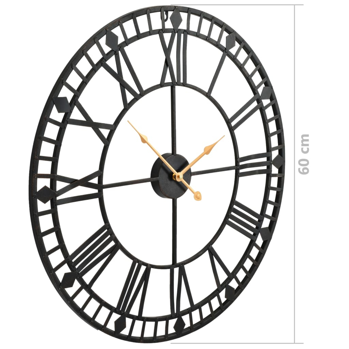 Eine große, schwarze Metall-Wanduhr mit goldenen Zeigern und römischen Ziffern. Abmessungen sind 60 cm. Der Hintergrund ist weiß.