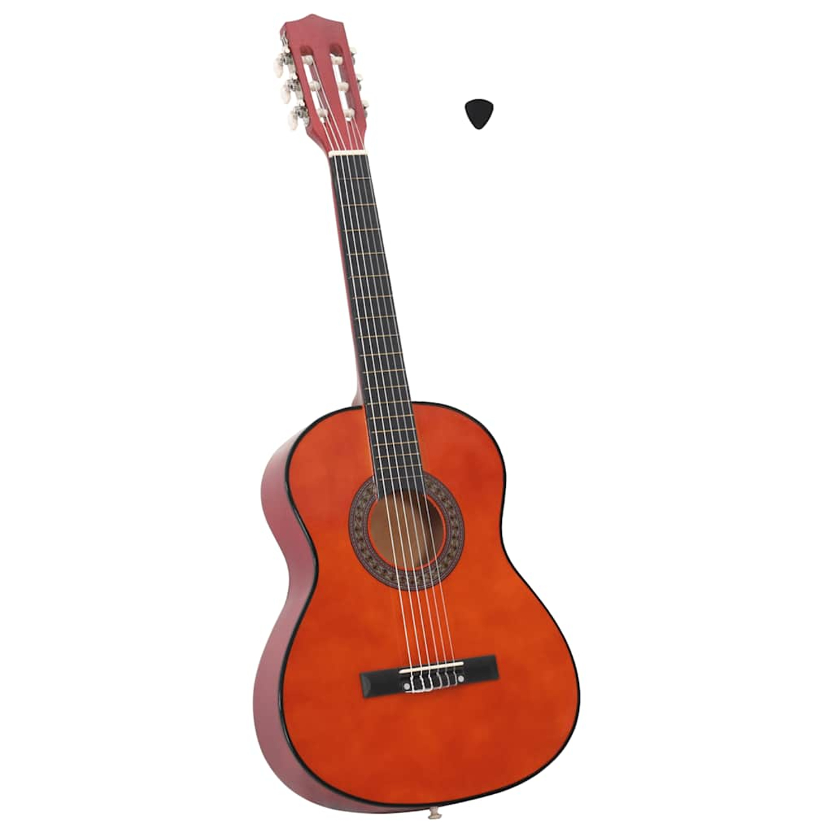 Akustikgitarre mit Plektrum. Die Gitarre ist orange-braun mit schwarzen Saiten und vor weißem Hintergrund.