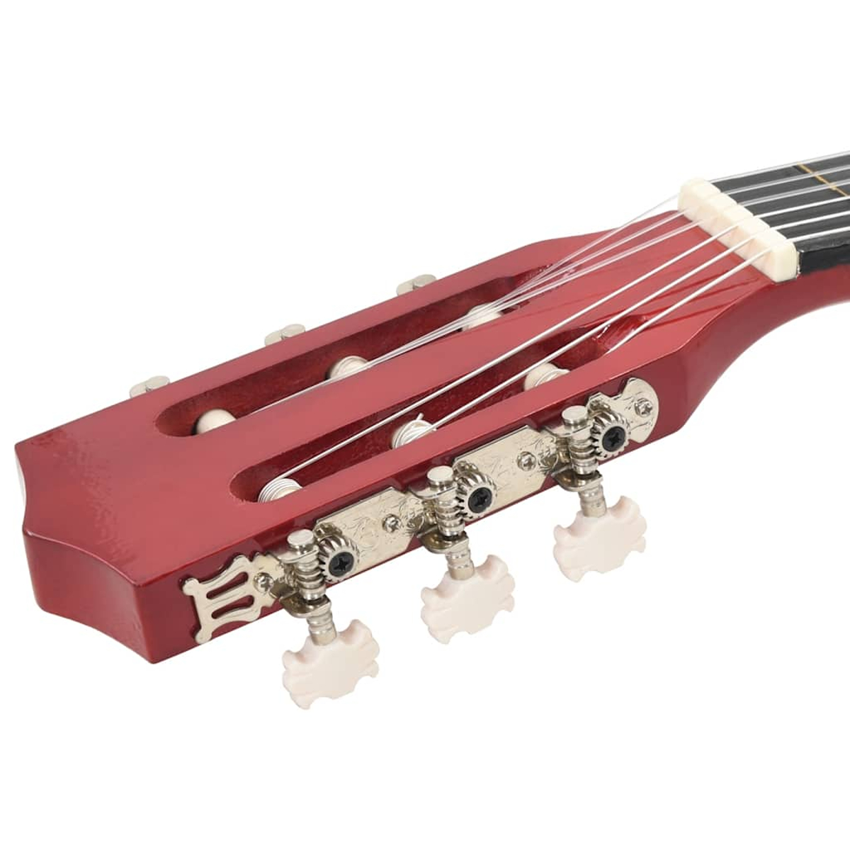 Nahaufnahme einer roten Gitarrenkopfplatte mit Stimmwirbeln und Saiten vor weißem Hintergrund.