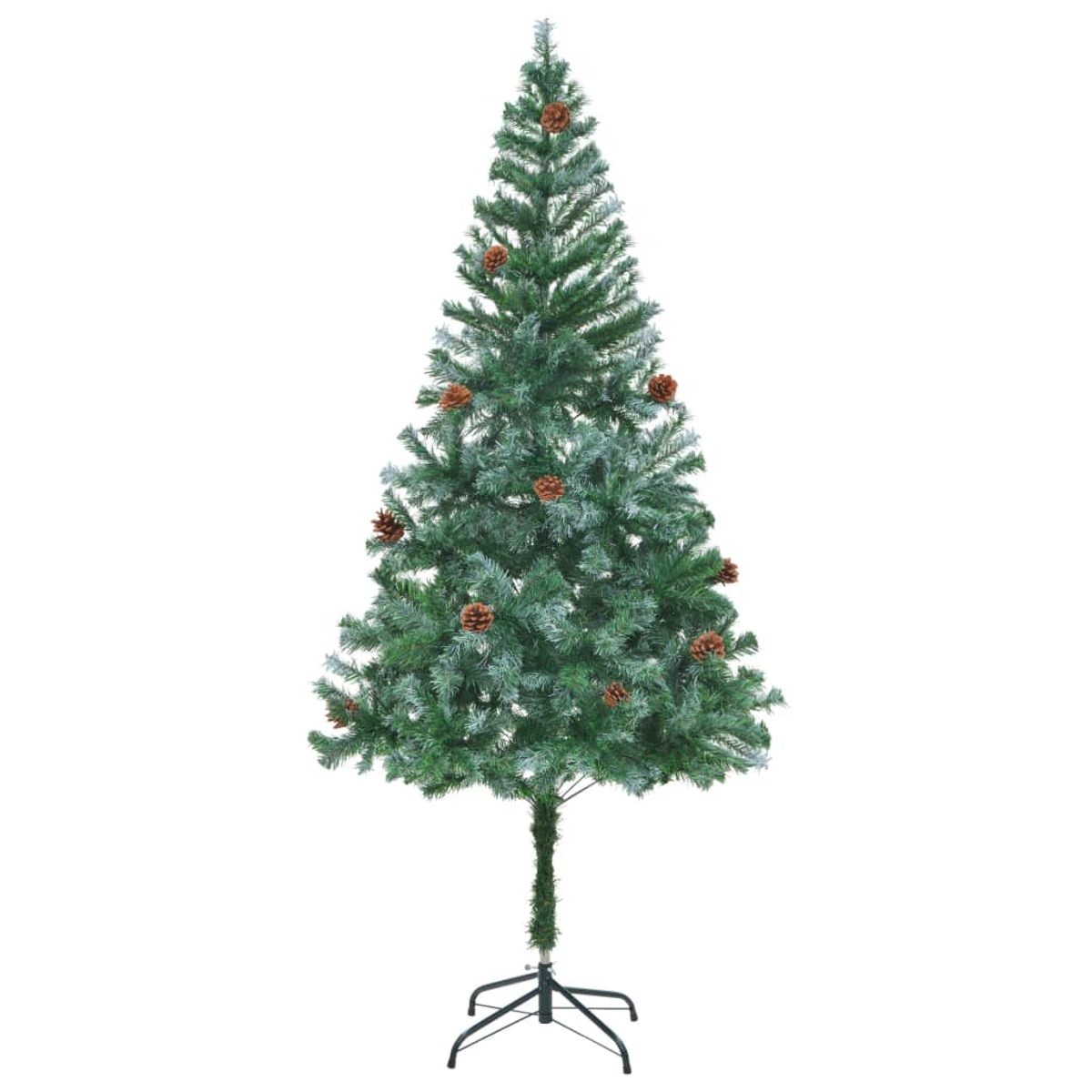 Ein grüner künstlicher Weihnachtsbaum mit Tannenzapfen, der auf einem schwarzen Metallständer steht. Isoliert auf weißem Hintergrund.