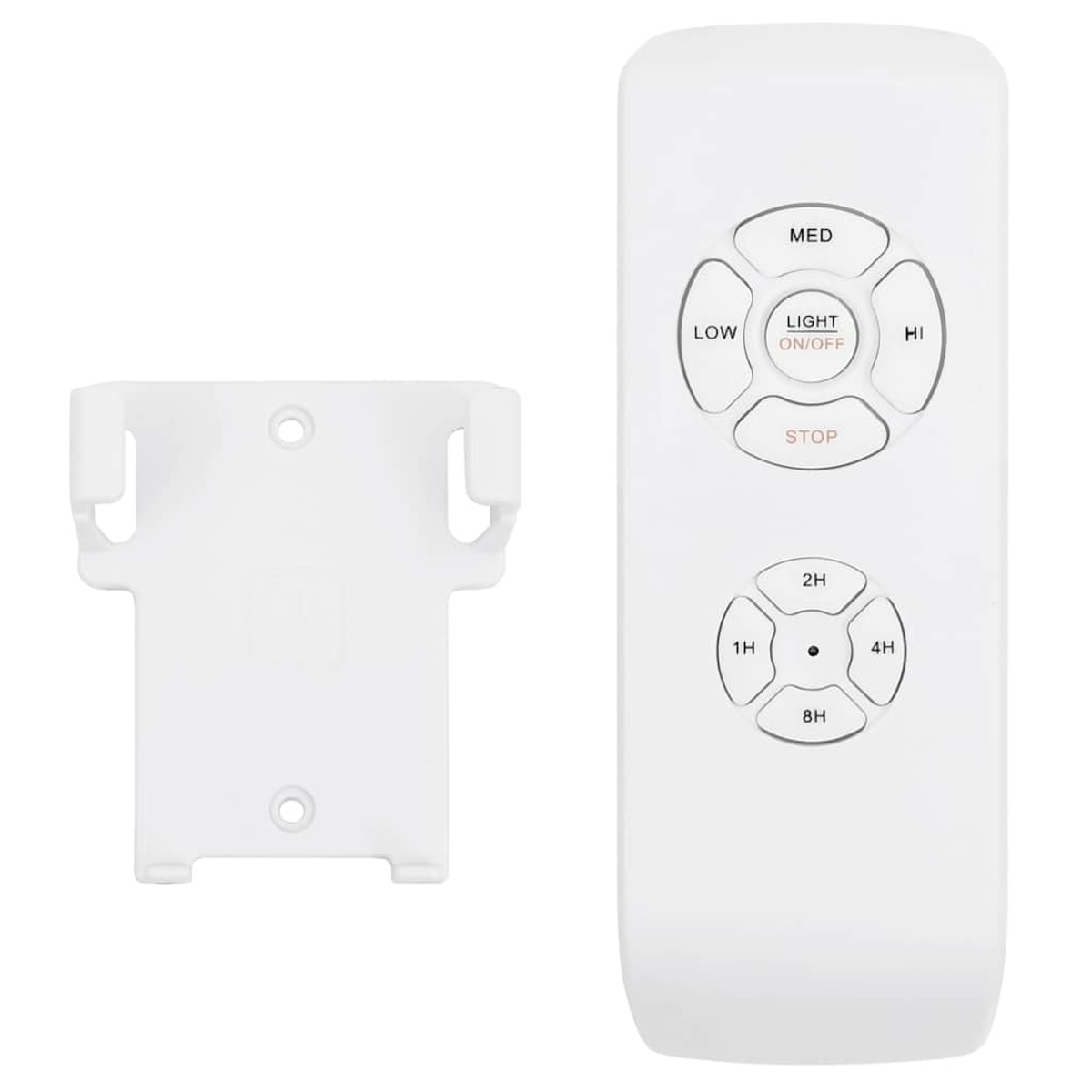 Telecomando bianco e supporto. Il telecomando ha pulsanti per luce, velocità e timer.