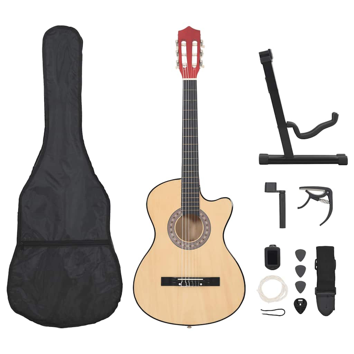 Akustikgitarren-Set mit Koffer, Ständer, Kapodaster, Stimmgerät, Gurt, Plektren und Saiten. Die Gitarre ist naturfarben mit roter Kopfplatte.