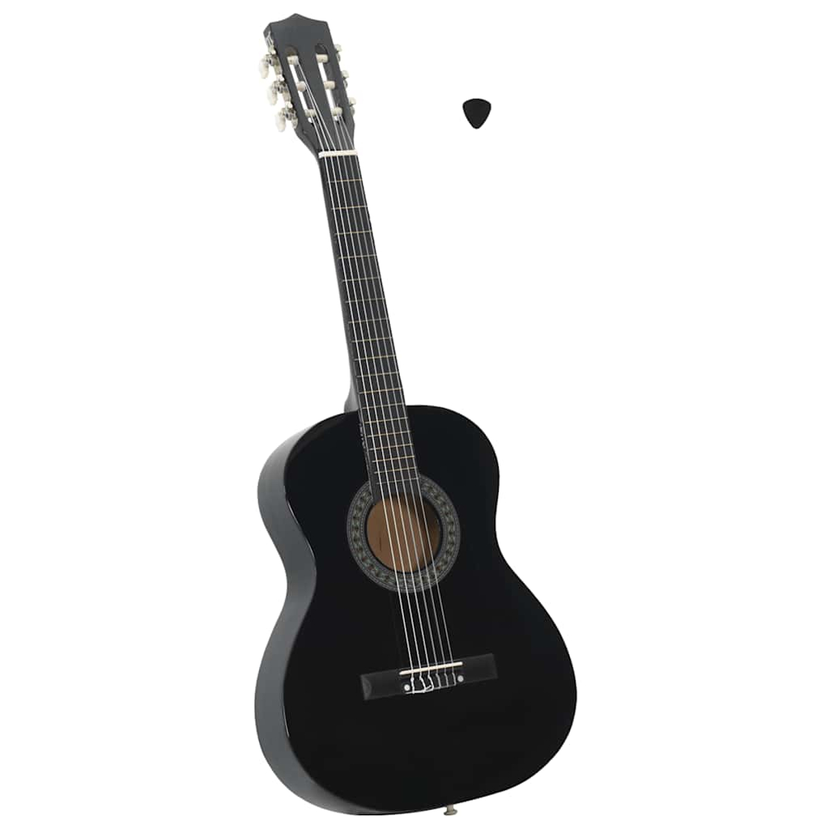 Eine schwarze Akustikgitarre mit einem Plektrum. Die Gitarre ist angewinkelt, mit einem runden Schallloch und Saiten. Das Plektrum ist schwarz.