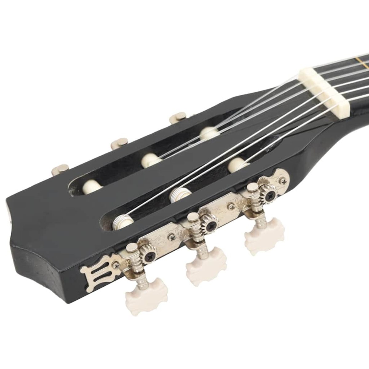 Nahaufnahme einer schwarzen Gitarrenkopfplatte mit Stimmwirbeln, weißen Saiten und einem Steg auf weißem Hintergrund.
