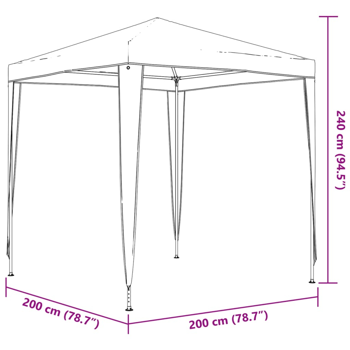 Strichzeichnung eines quadratischen Pavillons. Abmessungen: 200 cm x 200 cm Basis, 240 cm Höhe. Beschriftet in cm und Zoll.