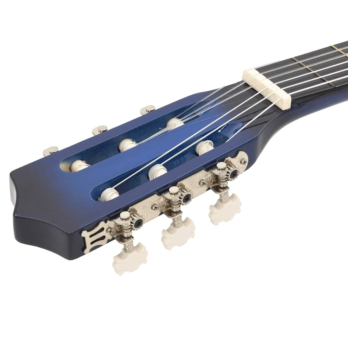 Nahaufnahme einer blauen und schwarzen Gitarrenkopfplatte. Sechs Stimmwirbel mit weißen Knöpfen sind sichtbar. Saiten verlaufen über die Kopfplatte.