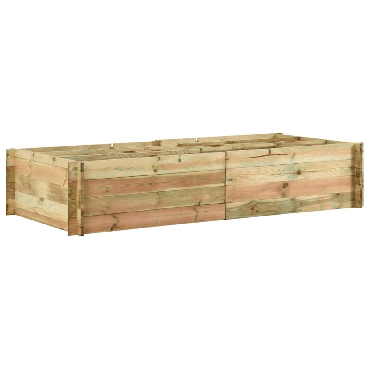 Ein rechteckiger Holzpflanzkasten. Das Holz ist hellbraun mit grünen Streifen. Er ist leer und der Hintergrund ist weiß.