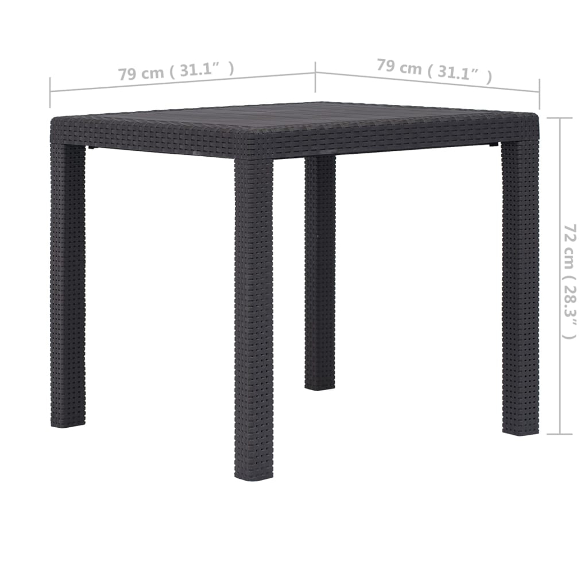 Ein quadratischer, dunkelgrauer Tisch mit vier Beinen wird gezeigt. Abmessungen: 79x79x72 cm. Der Tisch steht auf weißem Hintergrund.