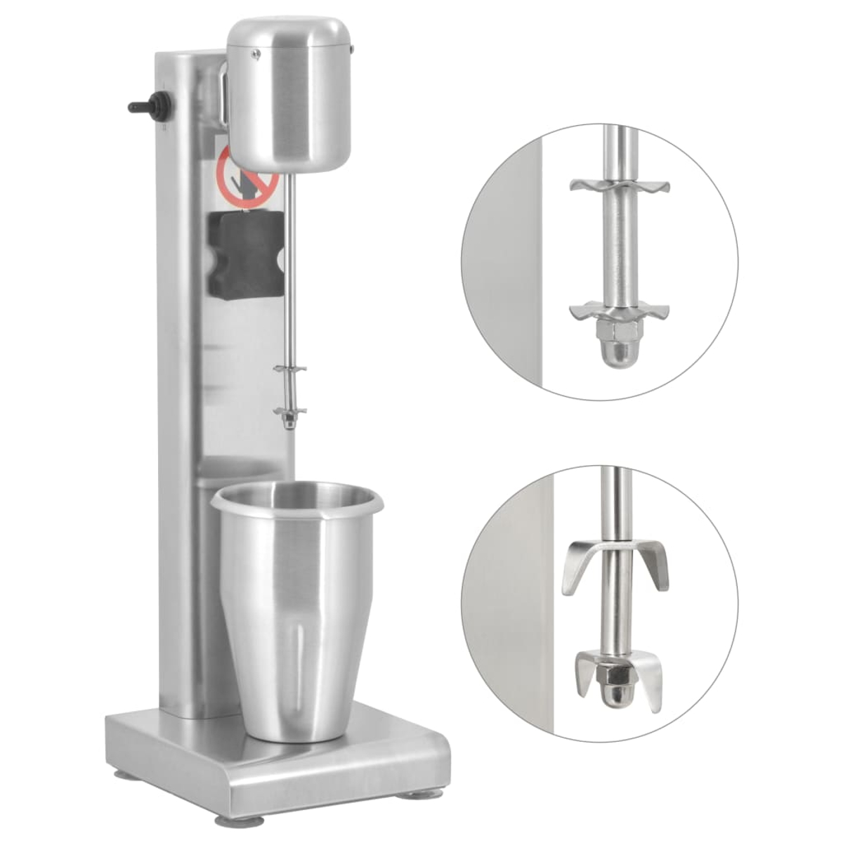 Eine Milchshake-Maschine aus Edelstahl mit Becher, Motor und Rührwerkzeugen, isoliert auf Weiß. Nahaufnahmen der Mixerdetails.