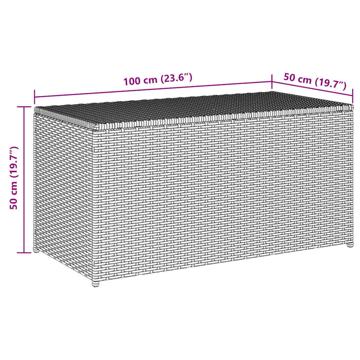 Eine rechteckige Aufbewahrungsbox aus Korbgeflecht mit den angegebenen Maßen: 100 cm lang, 50 cm breit und 50 cm hoch. Der Deckel ist ebenfalls aus Korbgeflecht.