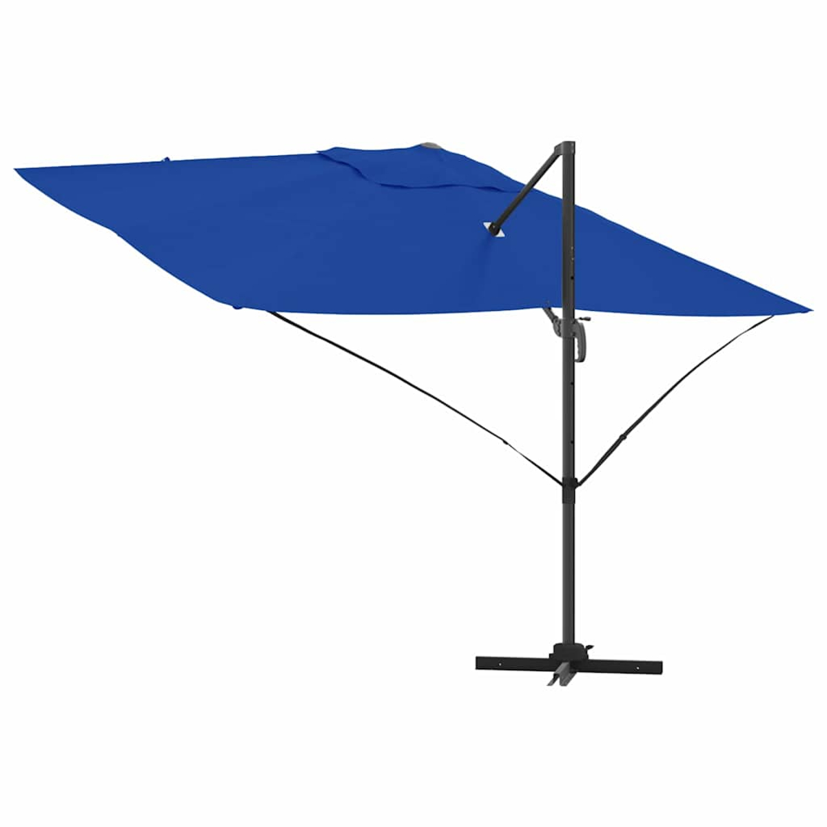 Un ombrellone da patio blu rettangolare con struttura in metallo nero è mostrato su sfondo bianco. È aperto, con la tenda estesa.