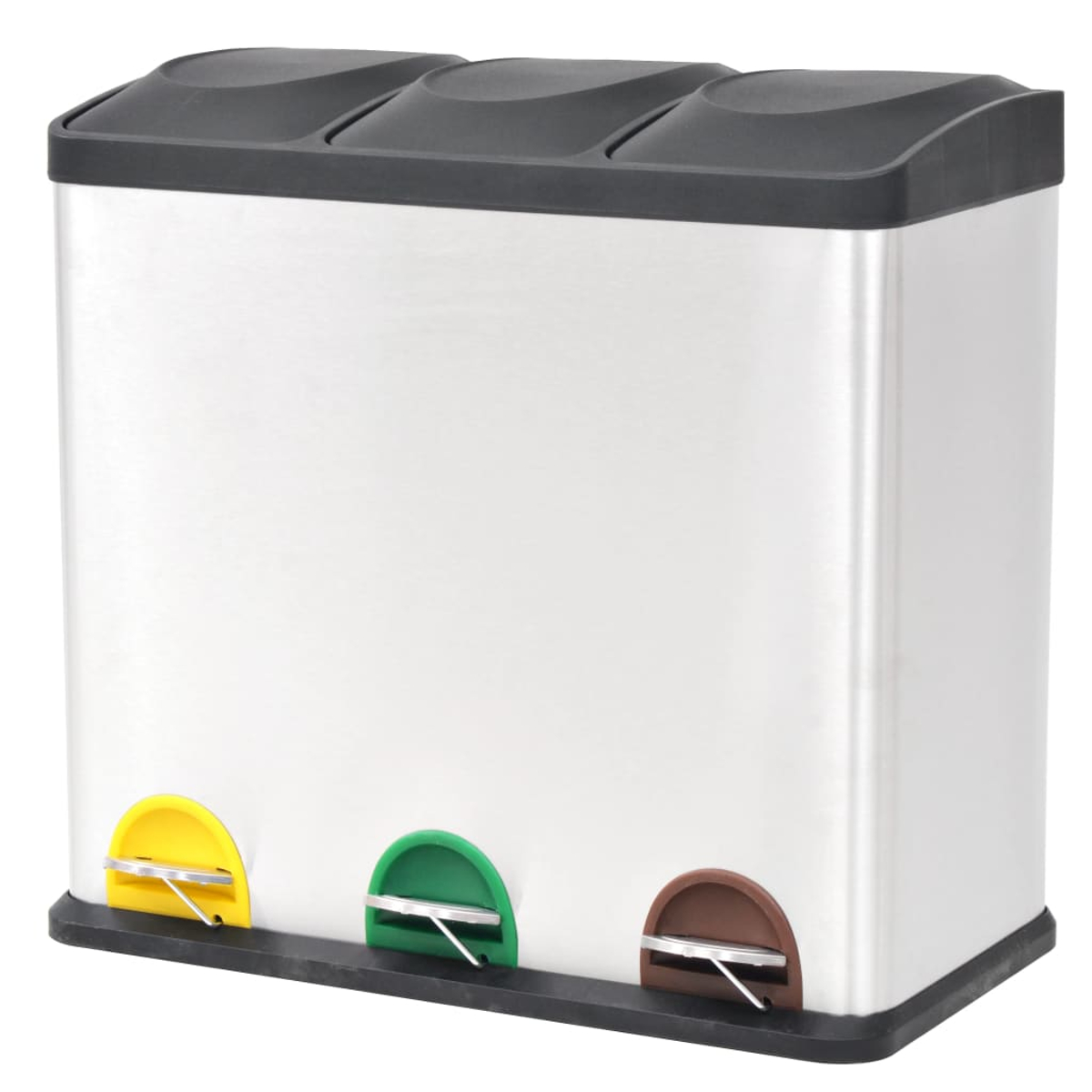 Ein dreifacher Recyclingbehälter. Er hat einen silbernen Körper, einen schwarzen Deckel und farbige Fußpedale: gelb, grün und braun. Der Behälter steht auf einem schwarzen Sockel.