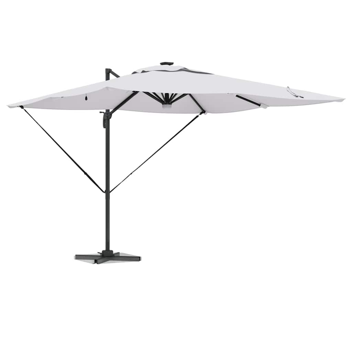 Un ombrellone bianco con struttura di supporto nera su sfondo bianco. L'ombrellone è aperto, quadrato e angolato.
