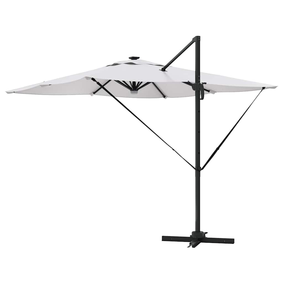 Un ombrellone da patio bianco a sbalzo con struttura in metallo nero. L'ombrellone è aperto e la base ha una forma a croce.