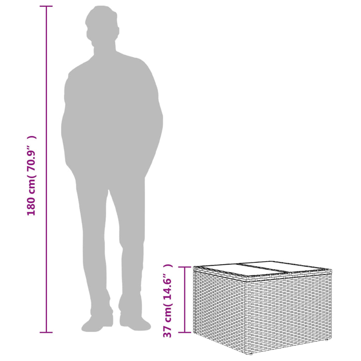 Eine Person Silhouette steht neben einem Korbtisch. Abmessungen: 180 cm hoch, Tisch ist 37 cm hoch.