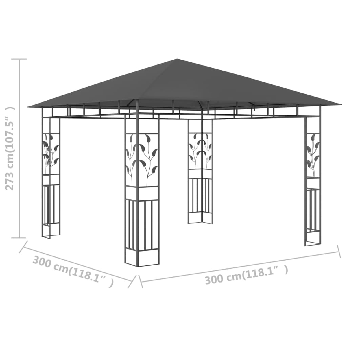 Ein grauer Pavillon mit Maßangaben. Er hat ein spitzes Dach und dekorative Blattmuster an den Stützsäulen.