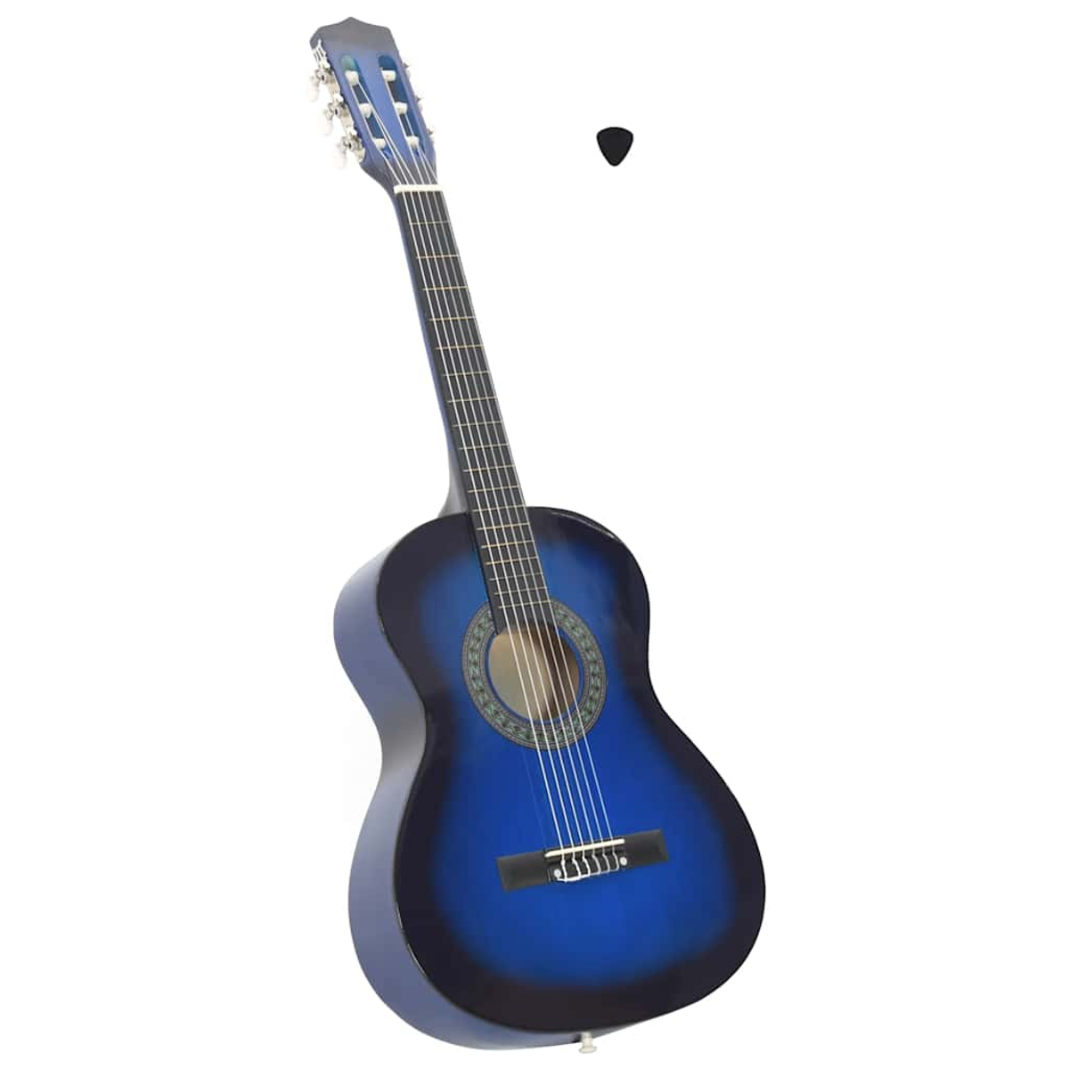 Akustikgitarre, blauer Korpus, schwarzer Plektrum. Die Gitarre ist abgewinkelt. Weißer Hintergrund.