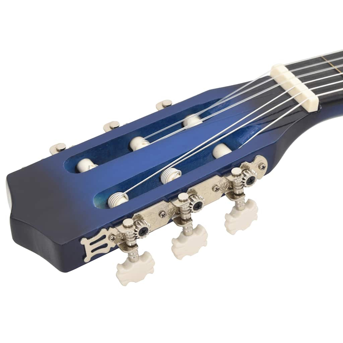 Nahaufnahme einer blauen Gitarrenkopfplatte mit Saiten und Stimmwirbeln. Die Wirbel sind weiß, die Kopfplatte hat einen Farbverlauf.